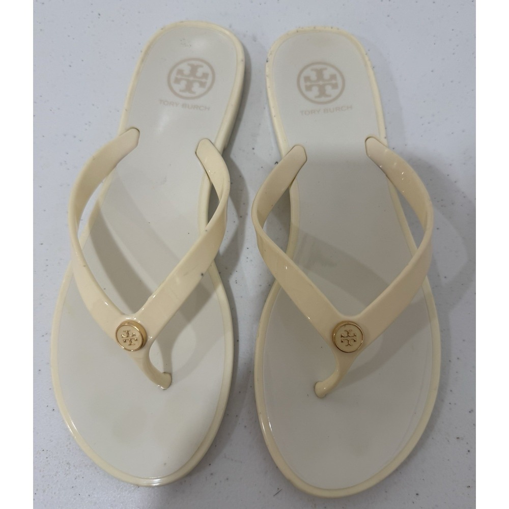 TORY BURCH STUDDED JELLY THONG SANDALS IVORY SZ 7 Flawed